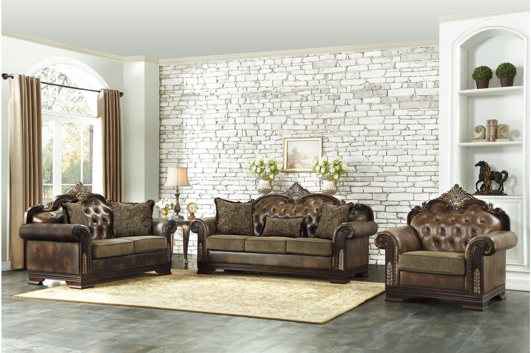 Side view of Croydon tufted sofa and loveseat in dark cherry finish