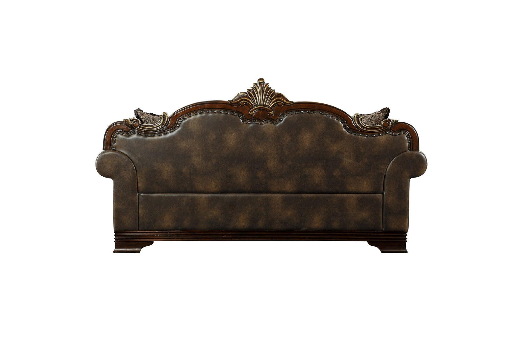 Side angle view of Croydon loveseat in dark cherry upholstery