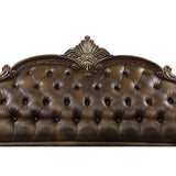Close-up of tufted fabric and faux leather upholstery