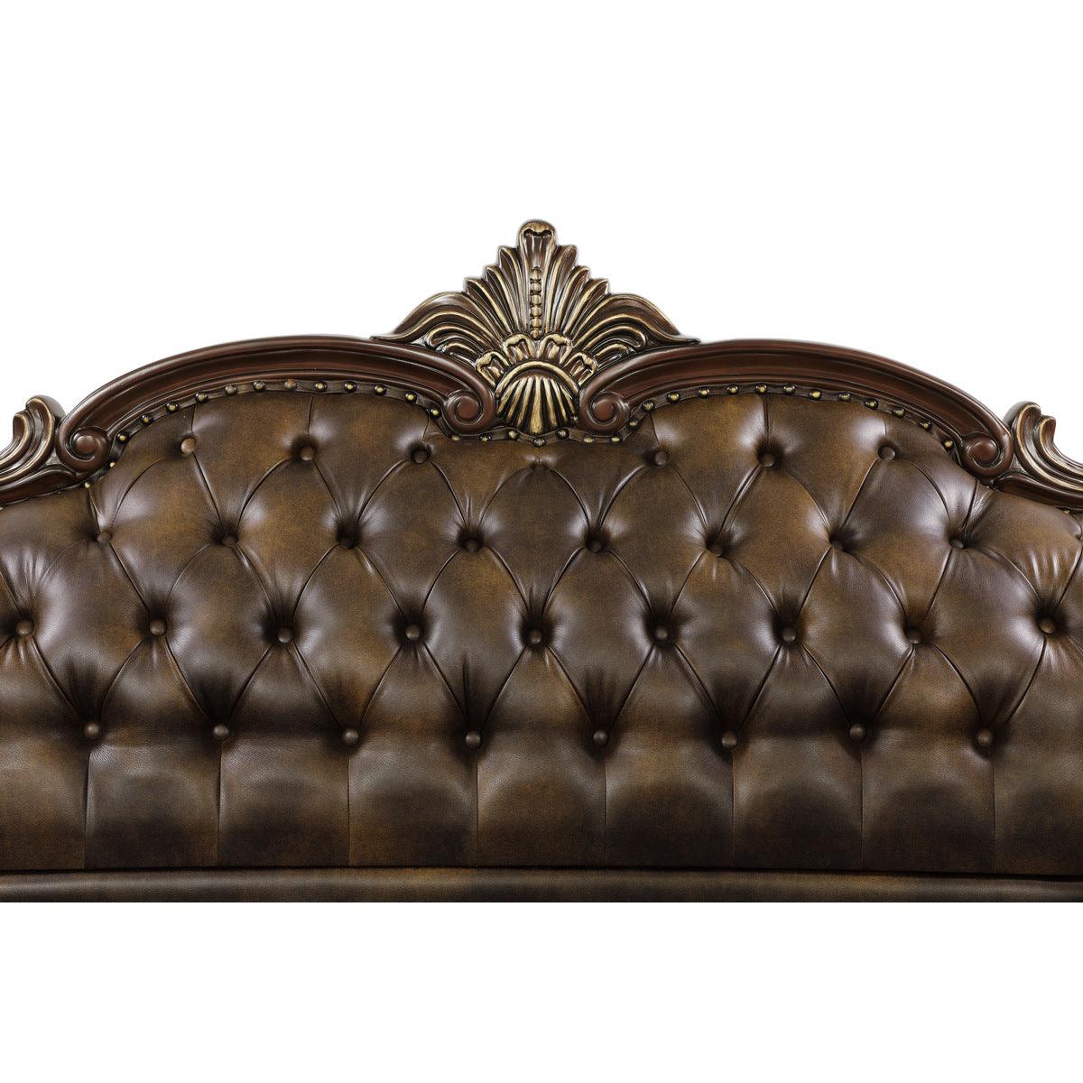 Close-up of tufted fabric and faux leather upholstery