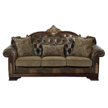 Front view of Croydon brown tufted faux leather and chenille sofa
