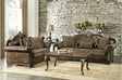 Croydon living room set sofa front view with dark cherry faux leather and chenille upholstery