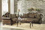 Croydon living room set sofa front view with dark cherry faux leather and chenille upholstery