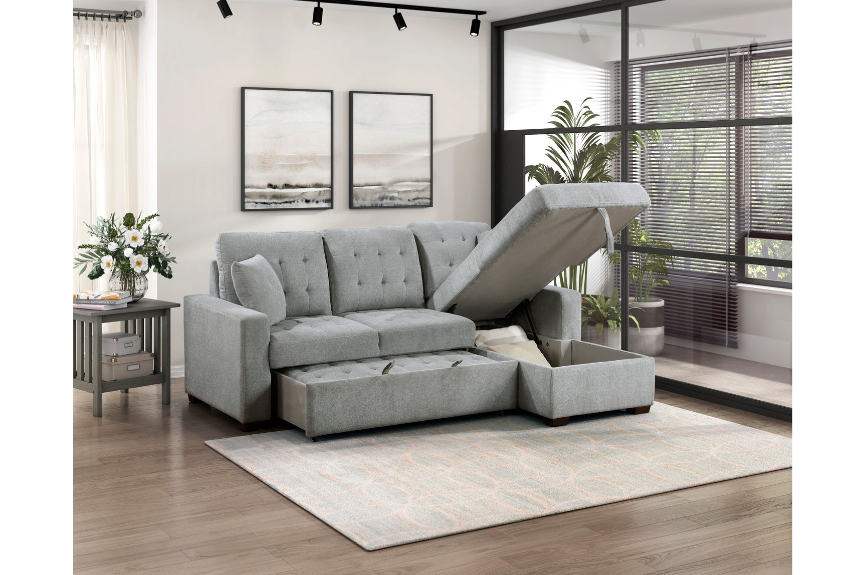 Detail of grey velvet upholstery on Waitsfield Sectional