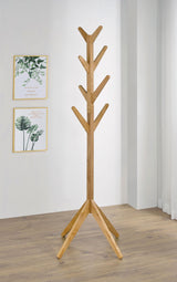 Side angle of Margaret solid rubberwood coat rack in natural oak