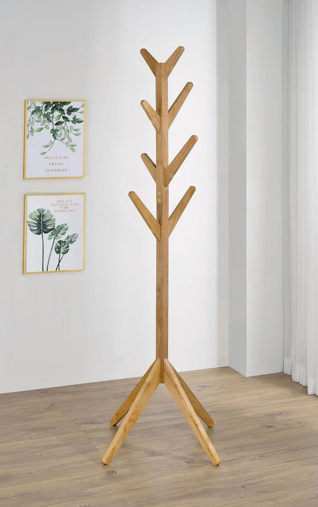 Side angle of Margaret solid rubberwood coat rack in natural oak