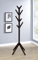 Side angle of Margaret cappuccino coat rack showing hooks