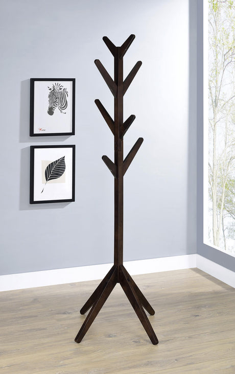 Side angle of Margaret cappuccino coat rack showing hooks
