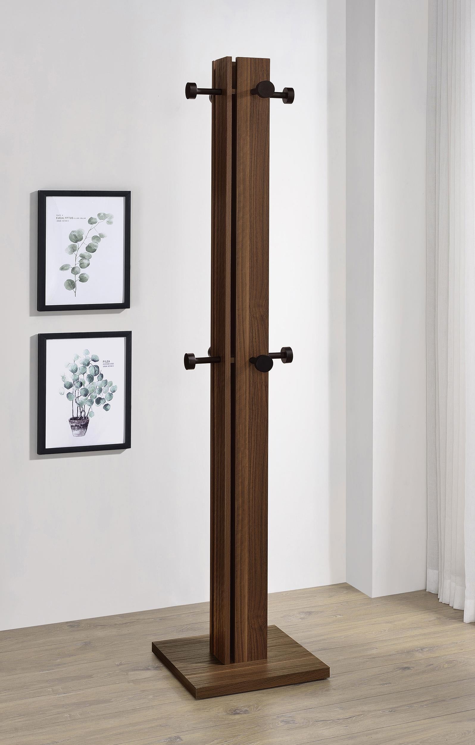 Side angle of Rikkie Walnut coat rack showing hooks