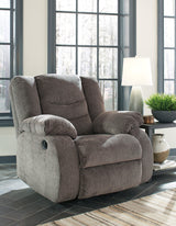Tulen Gray Chenille Recliner in reclined position