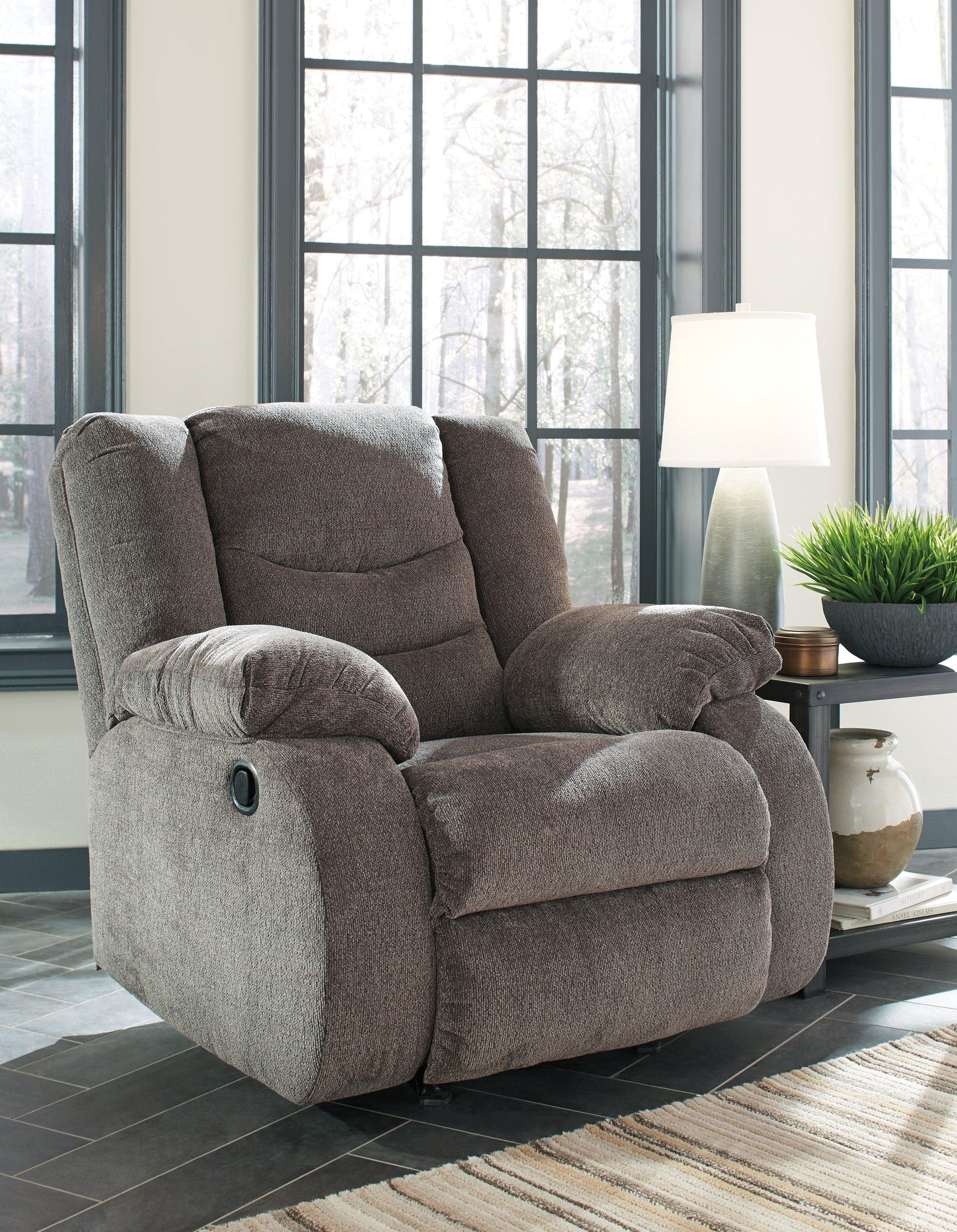 Tulen Gray Chenille Recliner in reclined position