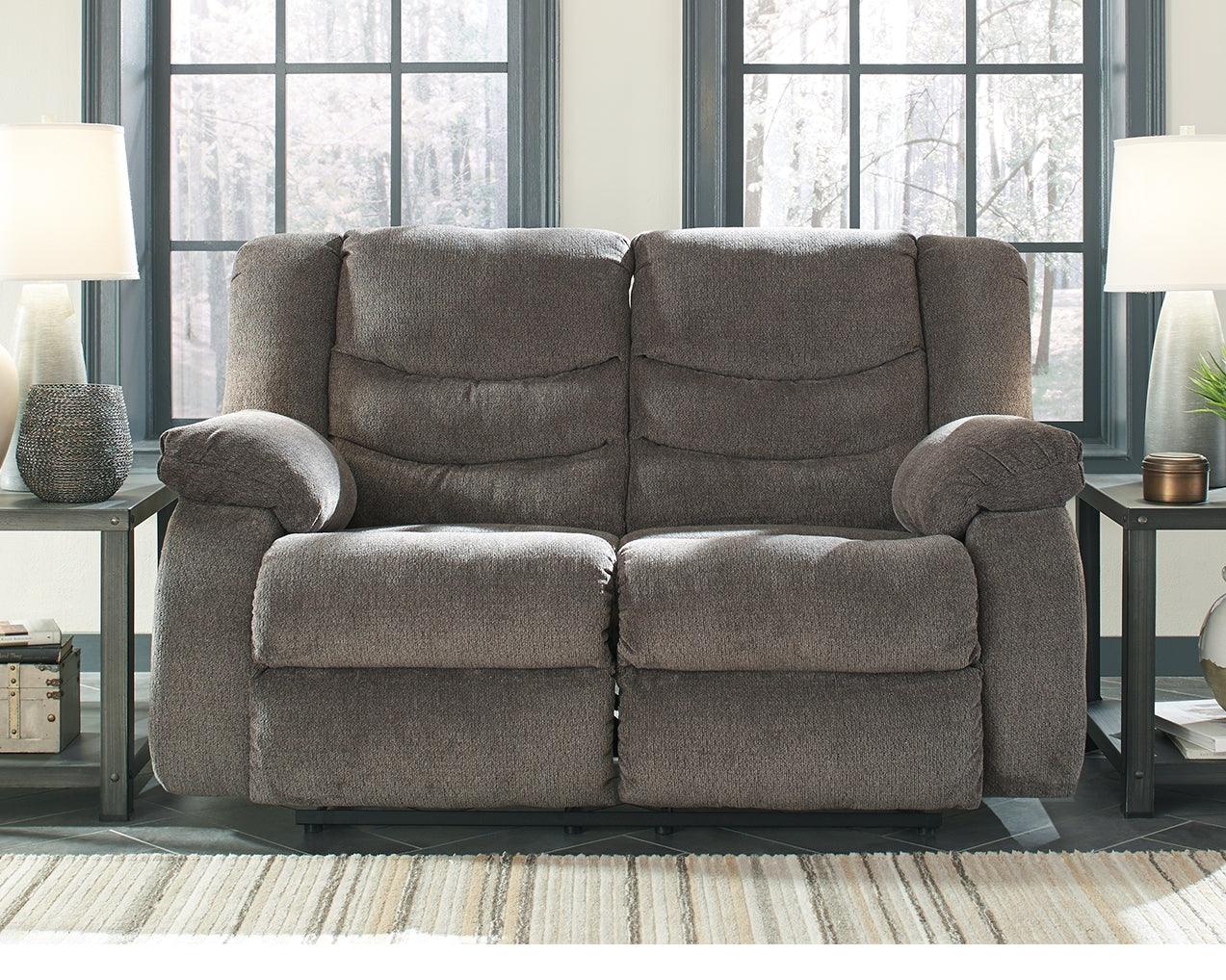 Tulen Gray Chenille Reclining Loveseat - Ella Furniture
