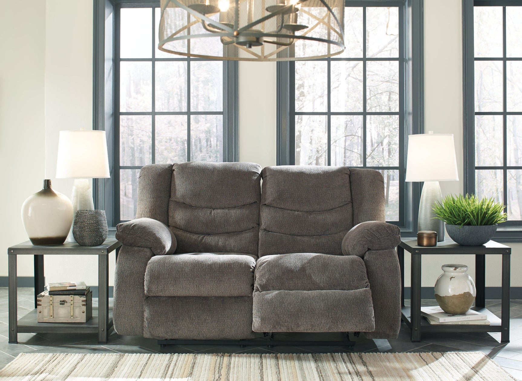 Tulen Gray Chenille Reclining Loveseat - Ella Furniture