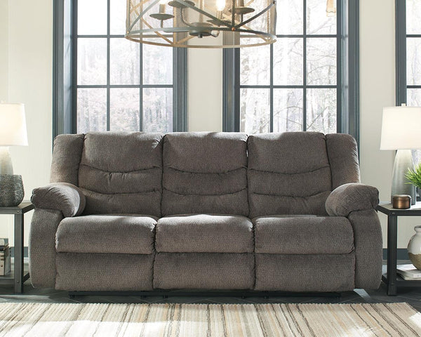 Tulen Gray Chenille Reclining Sofa angled view