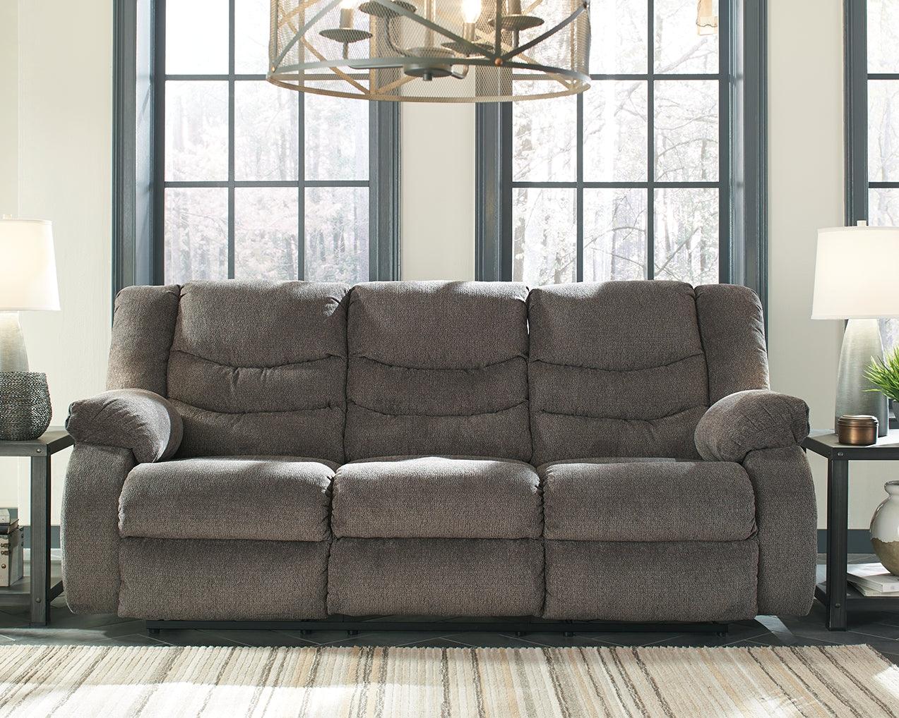 Tulen Gray Chenille Reclining Sofa - Ella Furniture