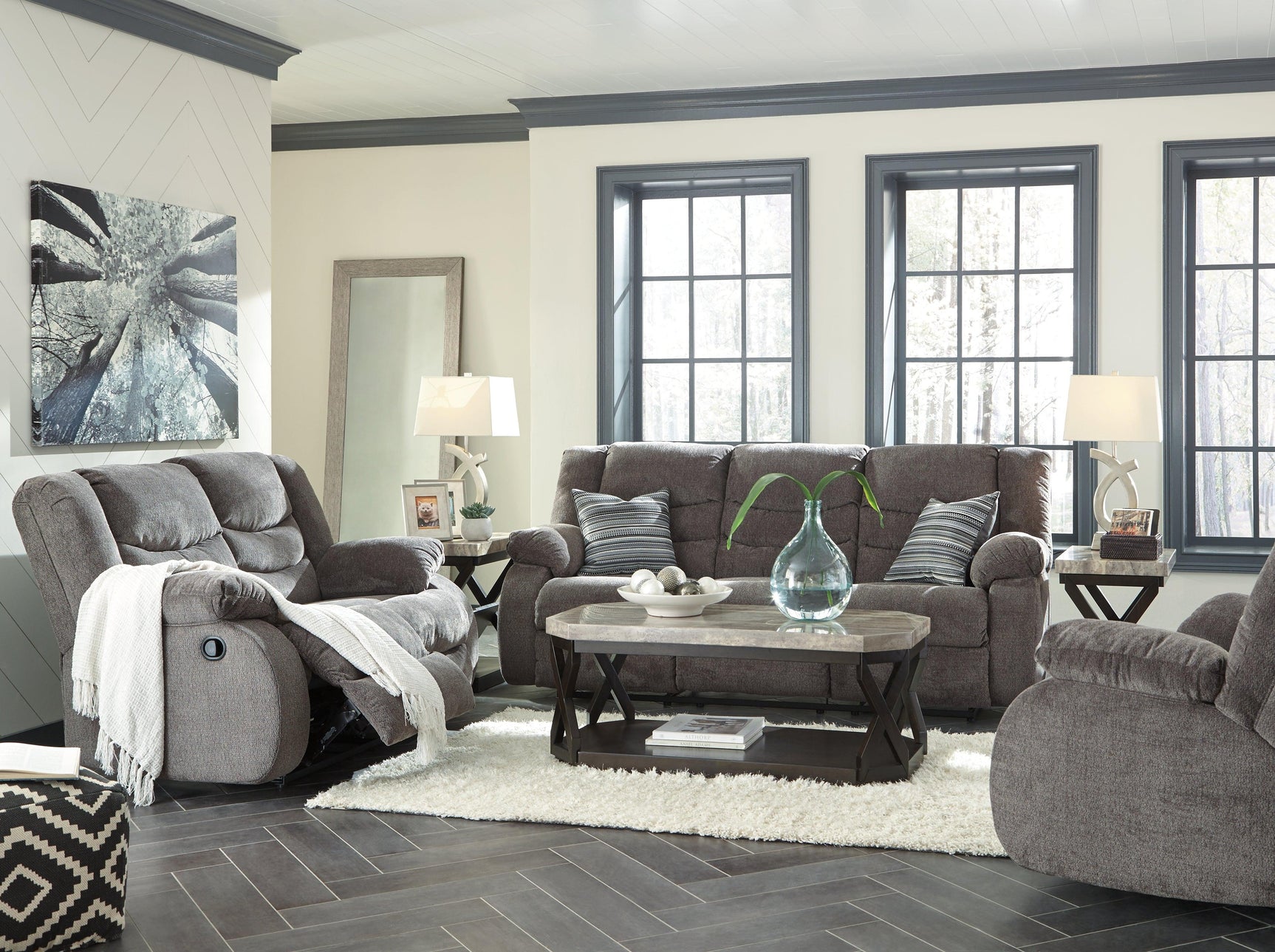 Tulen Gray Chenille Reclining Sofa cushion detail