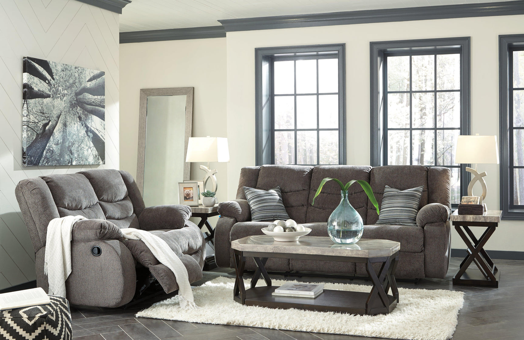 Tulen Gray Chenille Reclining Sofa pillow detail