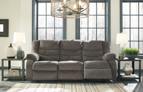 Tulen Gray Chenille Reclining Sofa close-up of arm and cushion