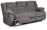 Tulen Gray Chenille Reclining Sofa fully reclined view