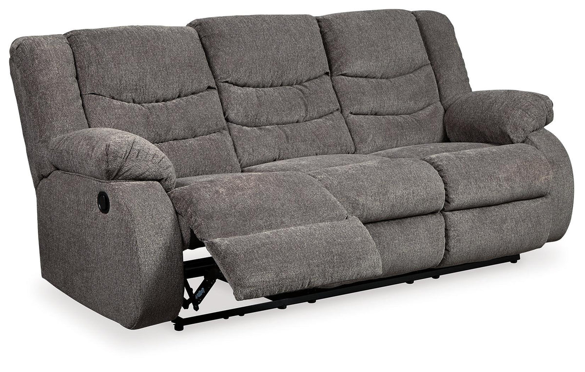 Tulen Gray Chenille Reclining Sofa fully reclined view
