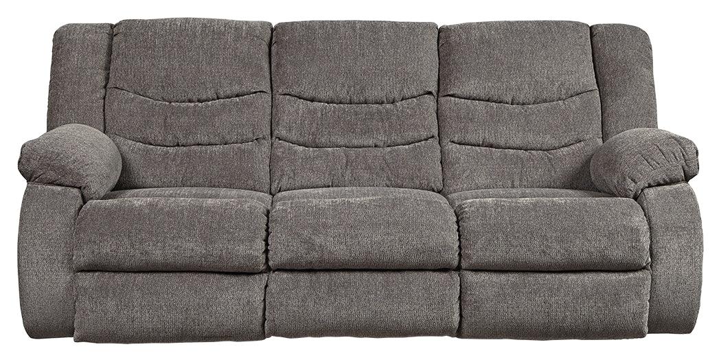 Tulen Gray Chenille Reclining Sofa side view with recliner open