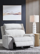 Social Pointe Pearl/Ash Chenille Power Recliner reclined with footrest extended