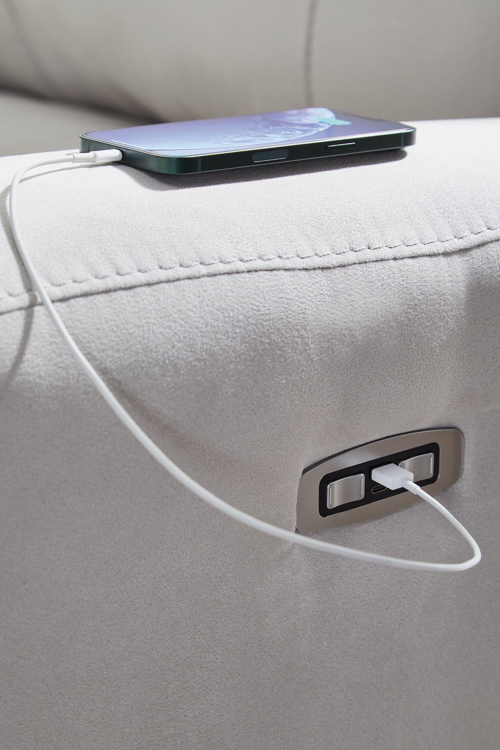 Close-up of power recliner USB port