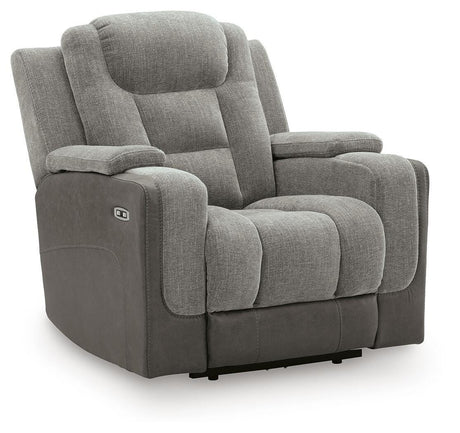 Mixed Motion Shadow Chenille / Faux Leather Power Recliner — angled view