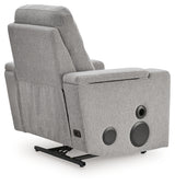 Close-up of USB port and cup holder on recliner arm