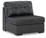Side detailed view of leather and stitching on sectional