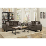 Latana Chocolate Fabric Tufted Love Seat with pillows detail
