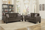 Side view of Lantana chocolate fabric tufted sofa and loveseat set
