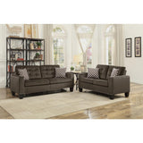 Latana Chocolate Fabric Tufted Love Seat close-up of tufting and nailhead trim