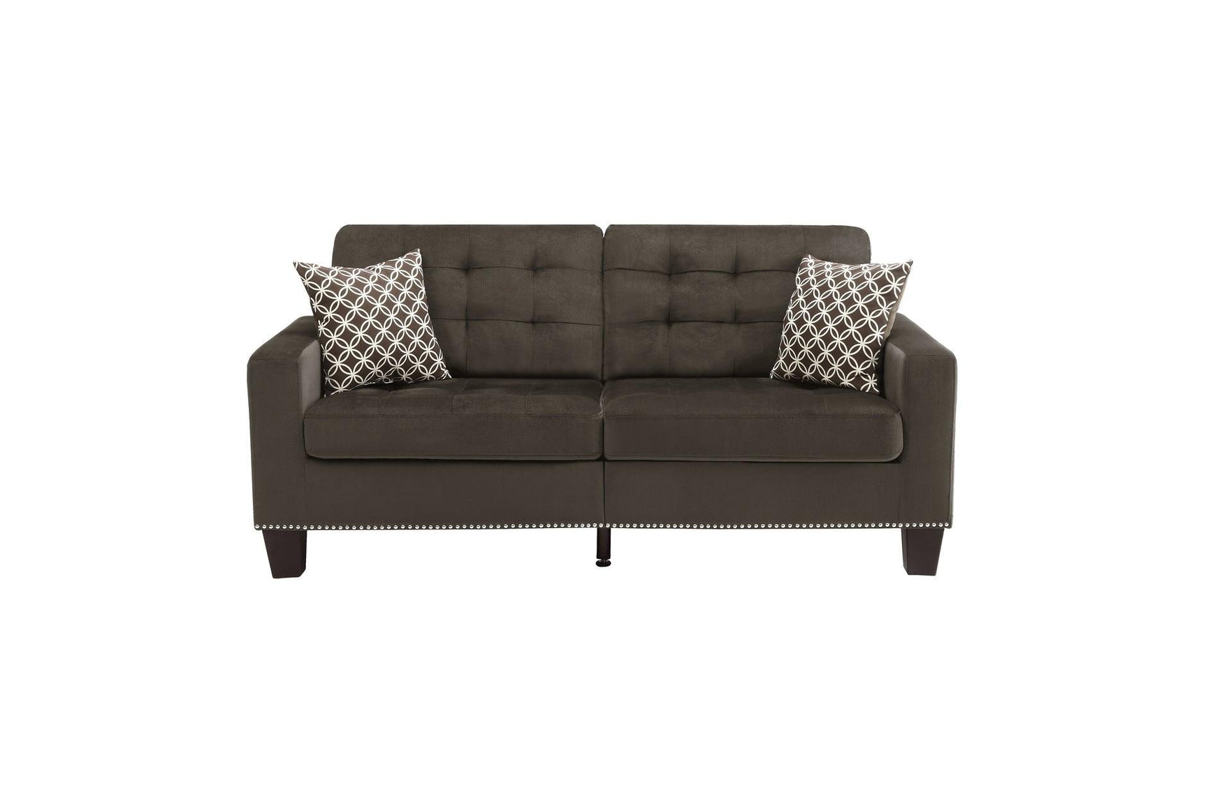 Side view of Lantana chocolate fabric tufted sofa and loveseat
