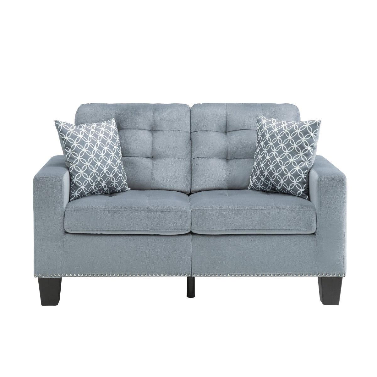 Lantana Gray Solid Wood And Plywood Fabric Upholstered Tufted Love Seat With 2 Pillows - Ella Furniture
