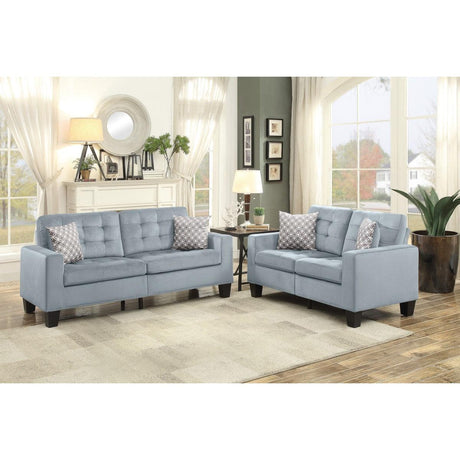 Side angle of Lantana Gray Tufted Sofa and Loveseat Set