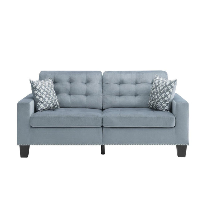 Lantana gray tufted fabric sofa with 2 pillows front view