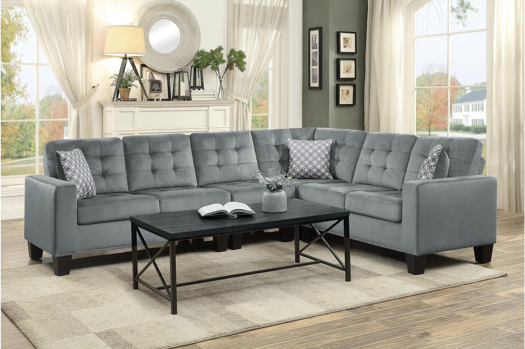 Detailed view of tufted fabric on Lantana Gray Sofa