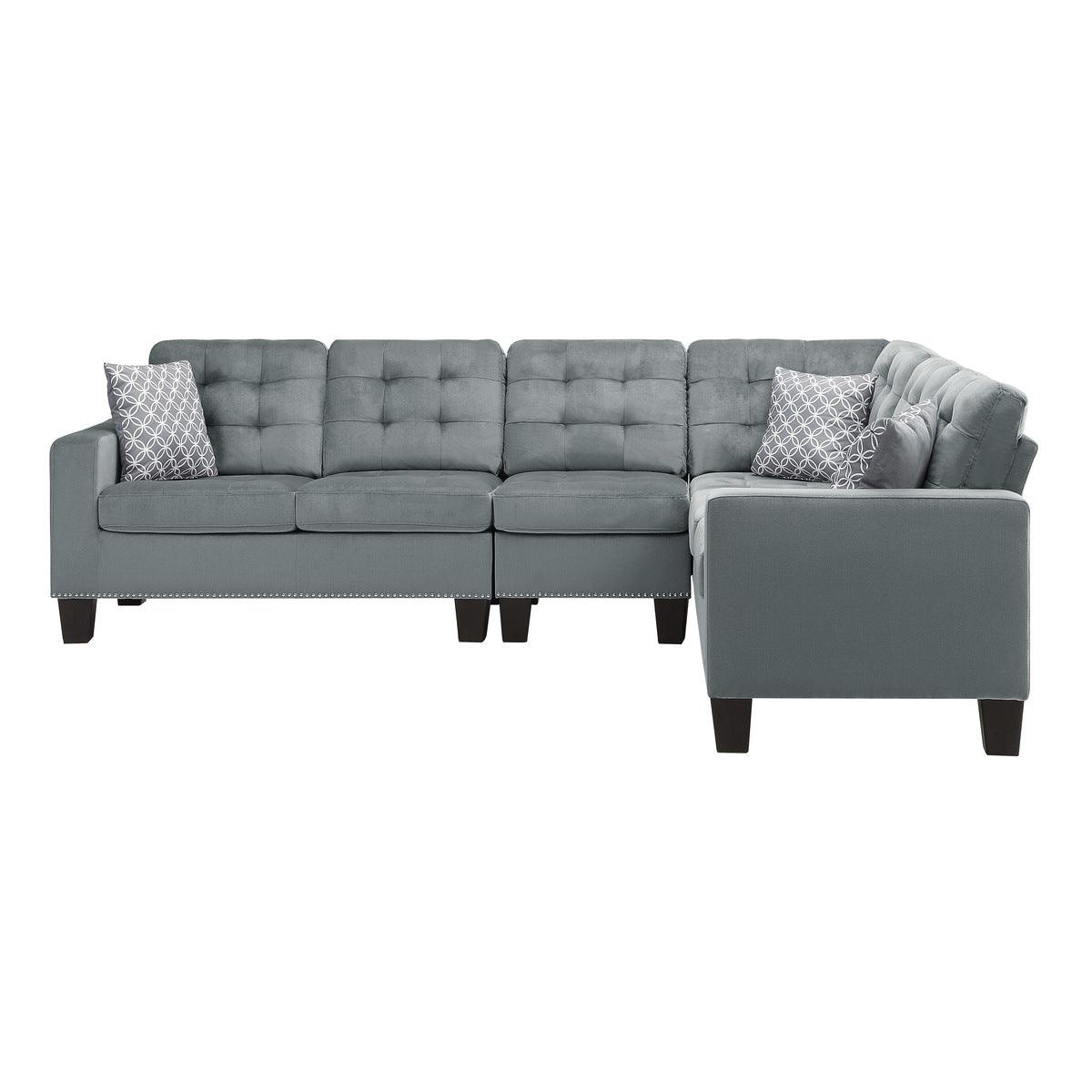 Side view of sectional sofa showing gray fabric upholstery