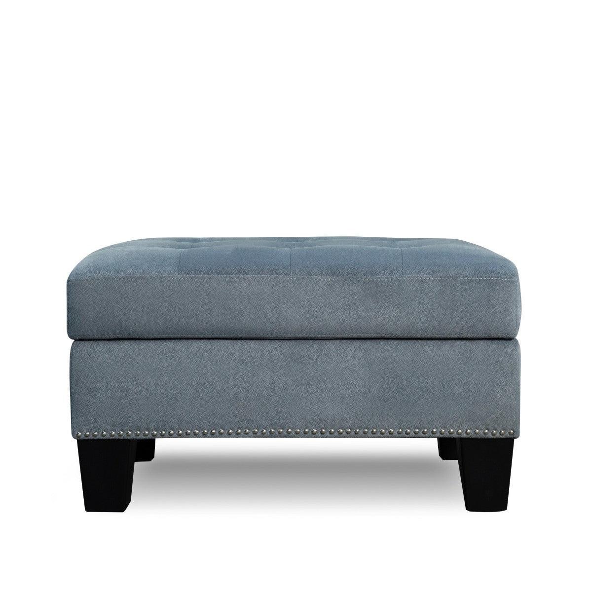 Lantana gray velvet tufted storage ottoman side angle