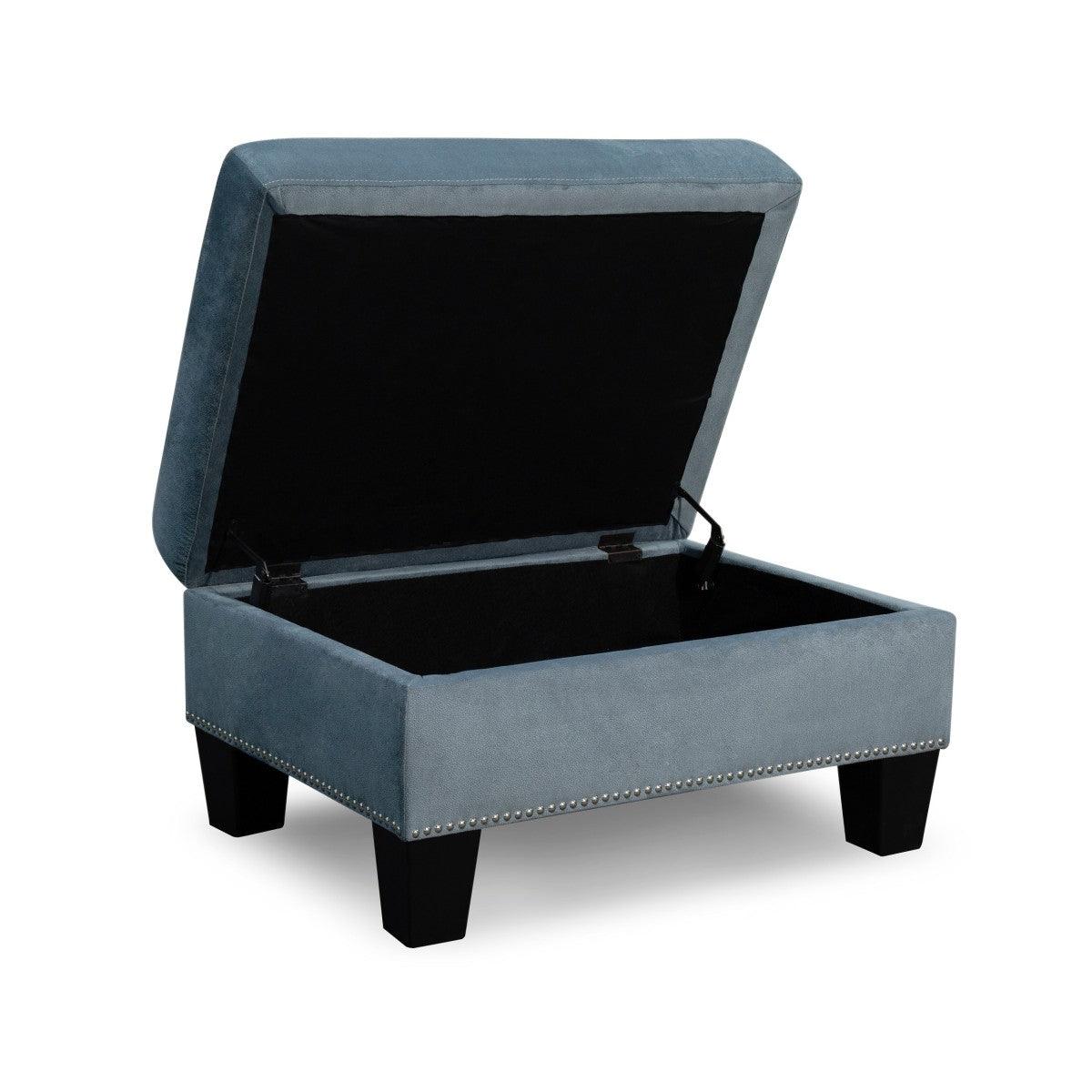 Lantana gray velvet tufted storage ottoman open storage view