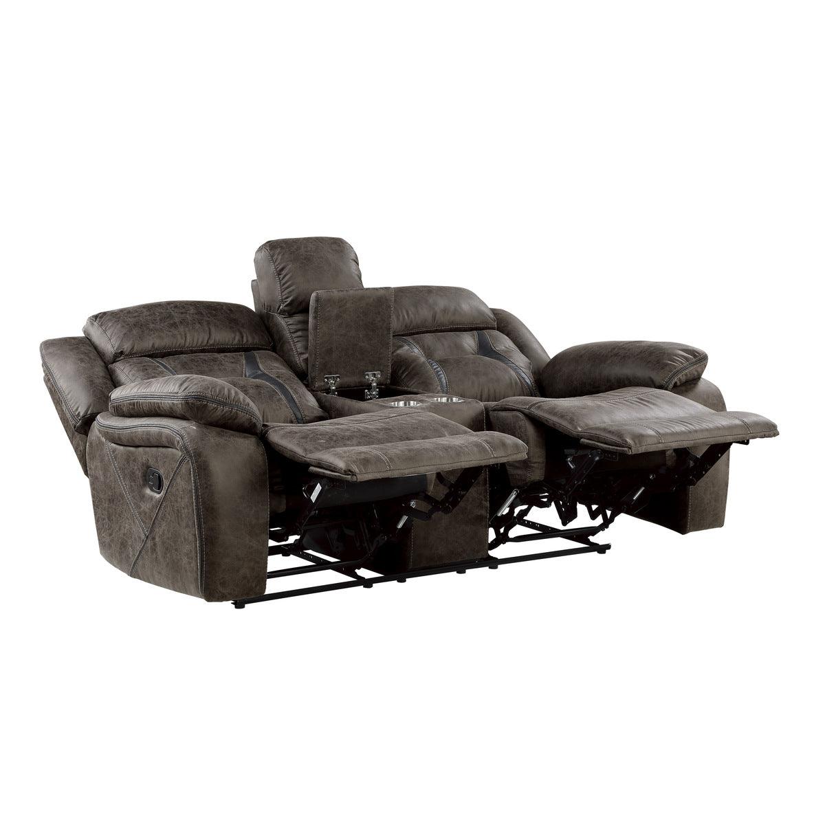 Madrona Hill Dark Brown Polished Microfiber Upholstery Double Reclining Love Seat Center Console - Ella Furniture