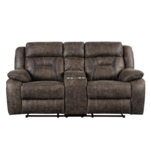 Madrona Hill Dark Brown Polished Microfiber Upholstery Double Reclining Love Seat Center Console - Ella Furniture
