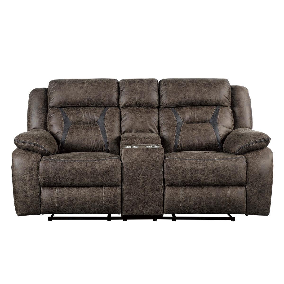 Madrona Hill Dark Brown Polished Microfiber Upholstery Double Reclining Love Seat Center Console - Ella Furniture