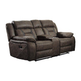 Madrona Hill Dark Brown Polished Microfiber Upholstery Double Reclining Love Seat Center Console - Ella Furniture