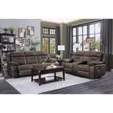 Madrona Hill Dark Brown Polished Microfiber Upholstery Double Reclining Love Seat Center Console - Ella Furniture