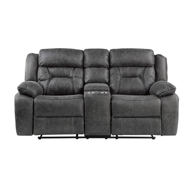 Madrona Hill Gray Polished Microfiber Upholstery Double Reclining Love Seat With Center Console - Ella Furniture