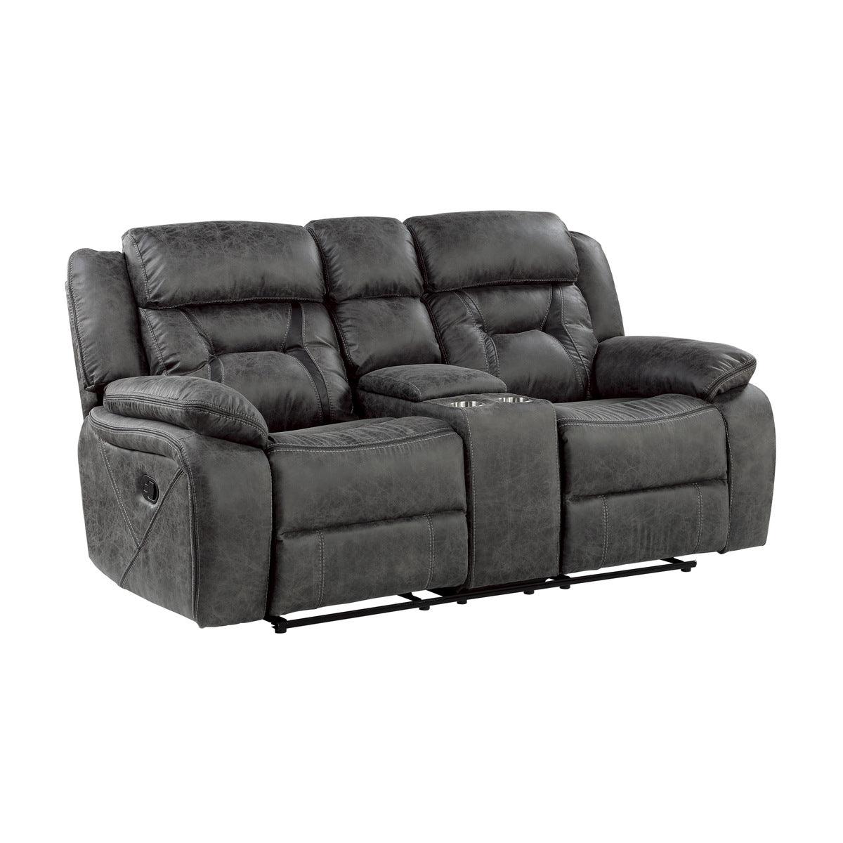 Madrona Hill Gray Polished Microfiber Upholstery Double Reclining Love Seat With Center Console - Ella Furniture