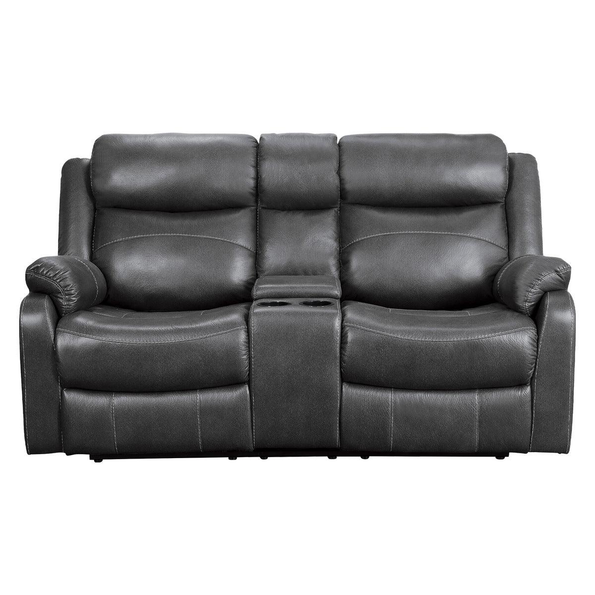 Front view of Yerba Dark Gray Microfiber Double Reclining Loveseat with Center Console