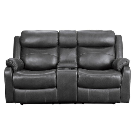 Front view of Yerba Dark Gray Microfiber Double Reclining Loveseat with Center Console